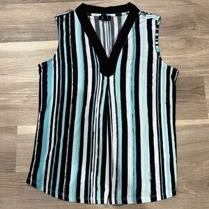 Jones New York Sleeveless V-Neck Striped Blouse in Black, White & Aqua